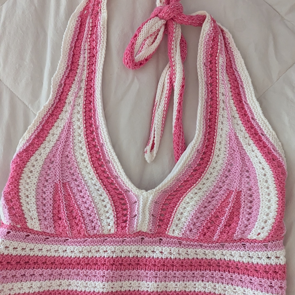Hollister Pink and White Striped Crochet Top